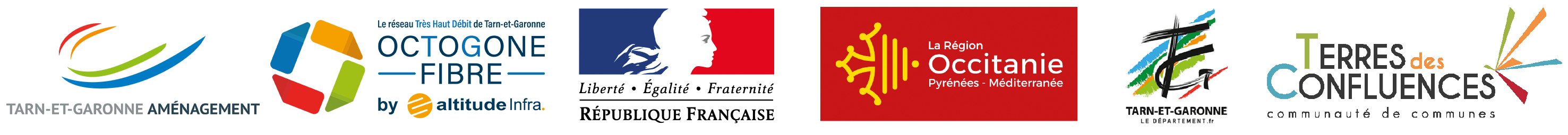 Logos : Tarn-et-Garonne aménagement, Octogone fibre, République Française, La Région Occitanie, le Conseil Départemental de Tarn-et-Garonne et la Communauté de communes Terres des Confluences