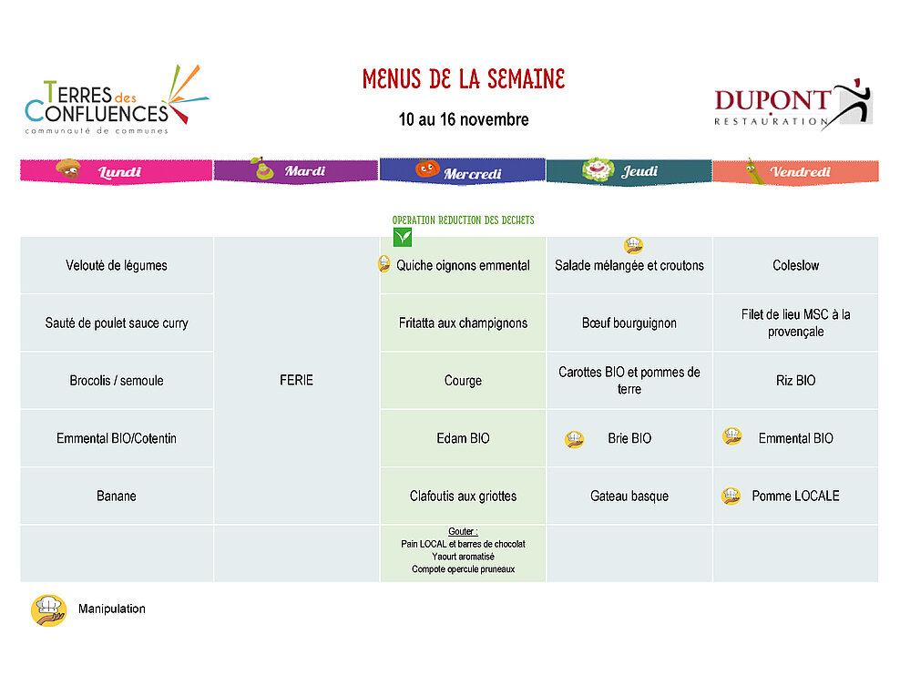 Menus scolaires du 10 au 16 novembre 2025