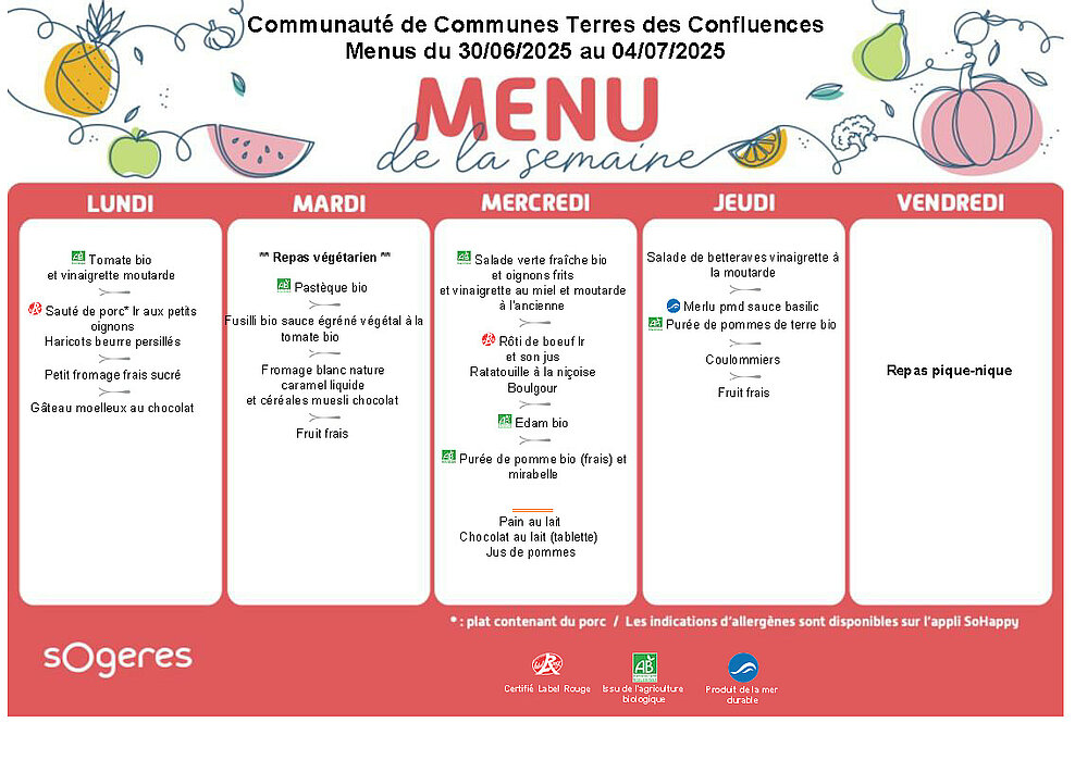 Menus maternelles et élémentaires du 30 juin au 4 juillet 2025