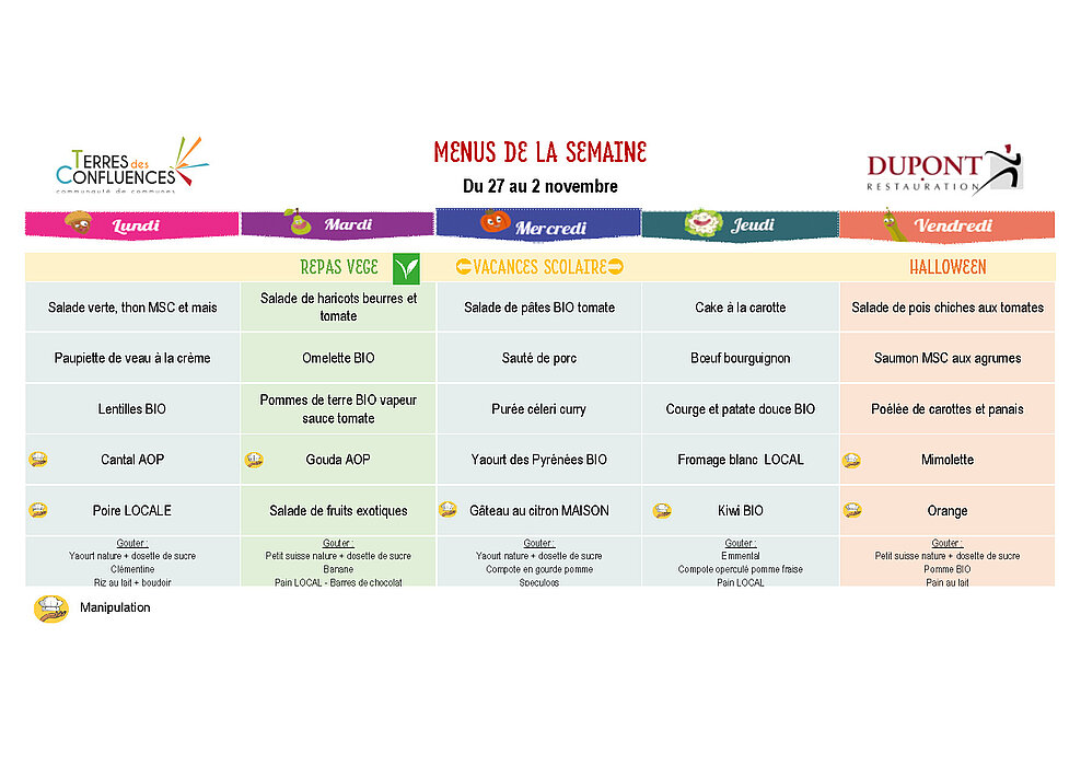 Menus scolaires du 27 octobre au 2 novembre 2025