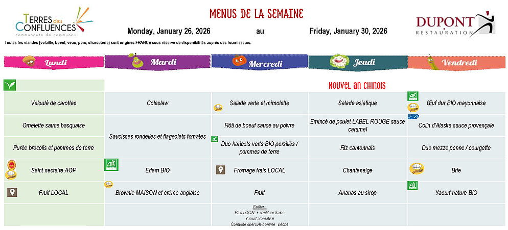 Menus scolaires du 26 au 30 janvier 2026
