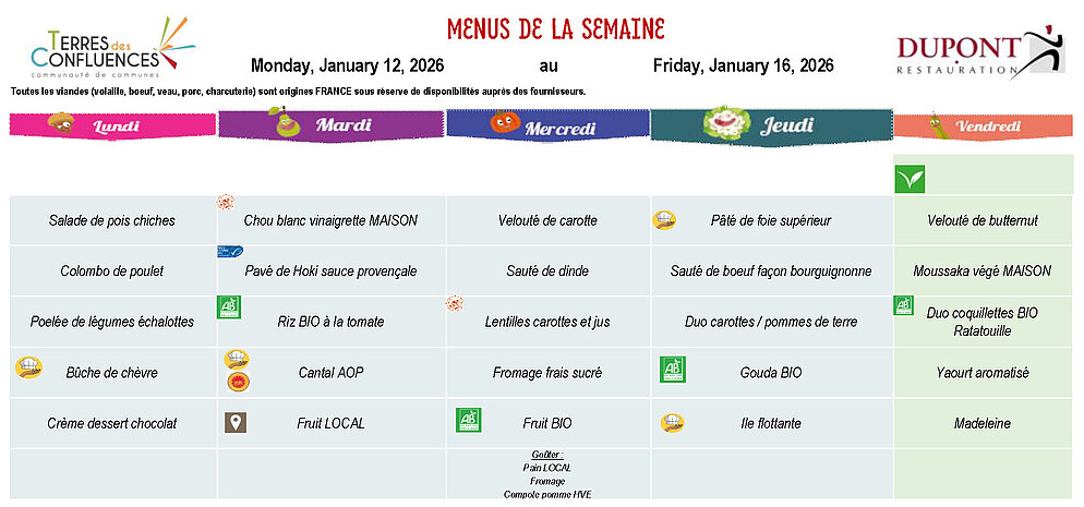 Menus scolaires du 12 au 16 janvier 2026