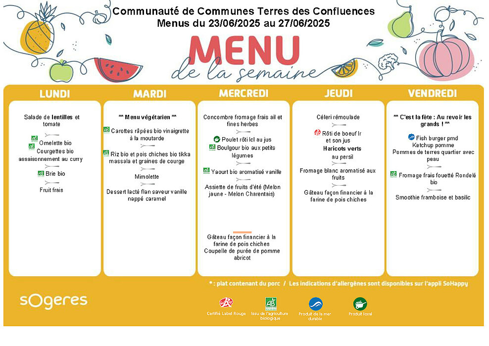 Menus maternelles et élémentaires du 23 au 27 juin 2025