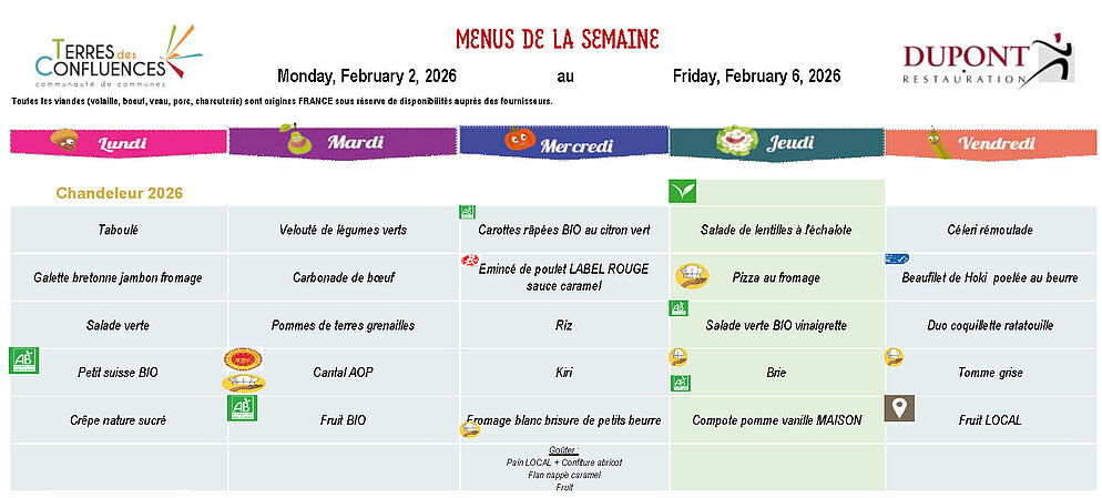 Menus scolaires du 2 au 6 février 2026