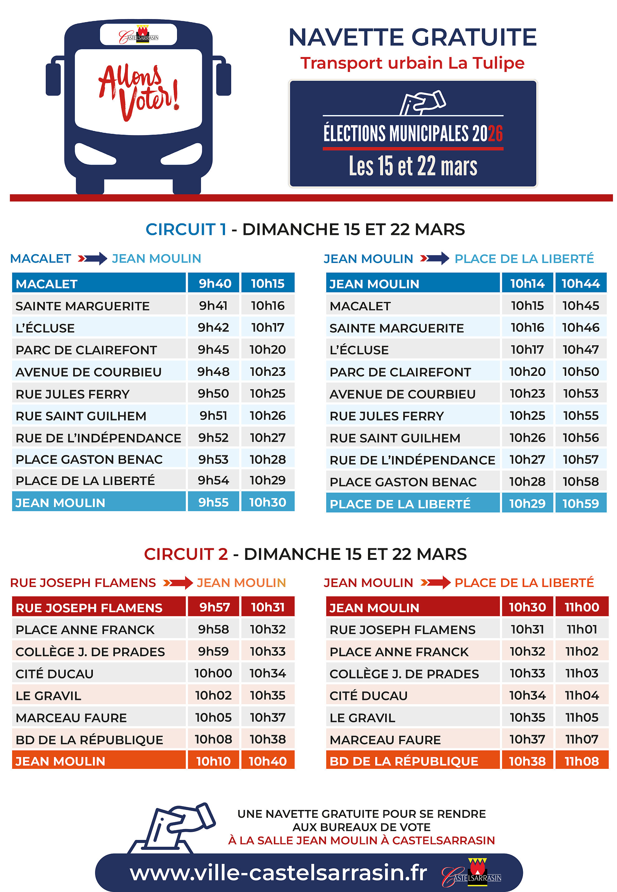Navette Gratuite avec le transport urbain Tulipe pour vous permettre de vous rendre aux bureaux de vote les matins du 15 et 22 mars 2026 à la salle Jean Moulin à Castelsarrasin. Deux circuits sont proposés. Navette Gratuite avec le transport urbain Tulipe pour vous permettre de vous rendre aux bureaux de vote les matins du 15 et 22 mars 2026 à la salle Jean Moulin à Castelsarrasin. Deux circuits sont proposés. Circuit 1 : Clairefont / Place de la Liberté / Jean Moulin et Circuit 2 : Cité Ducau / Le Gravil / Marceau Faure / Boulevard de la République / Jean Moulin