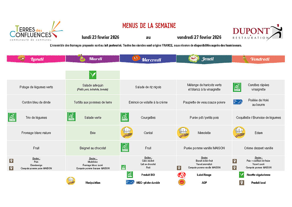 Menus vacances scolaires du 23 au 27 février 2026
