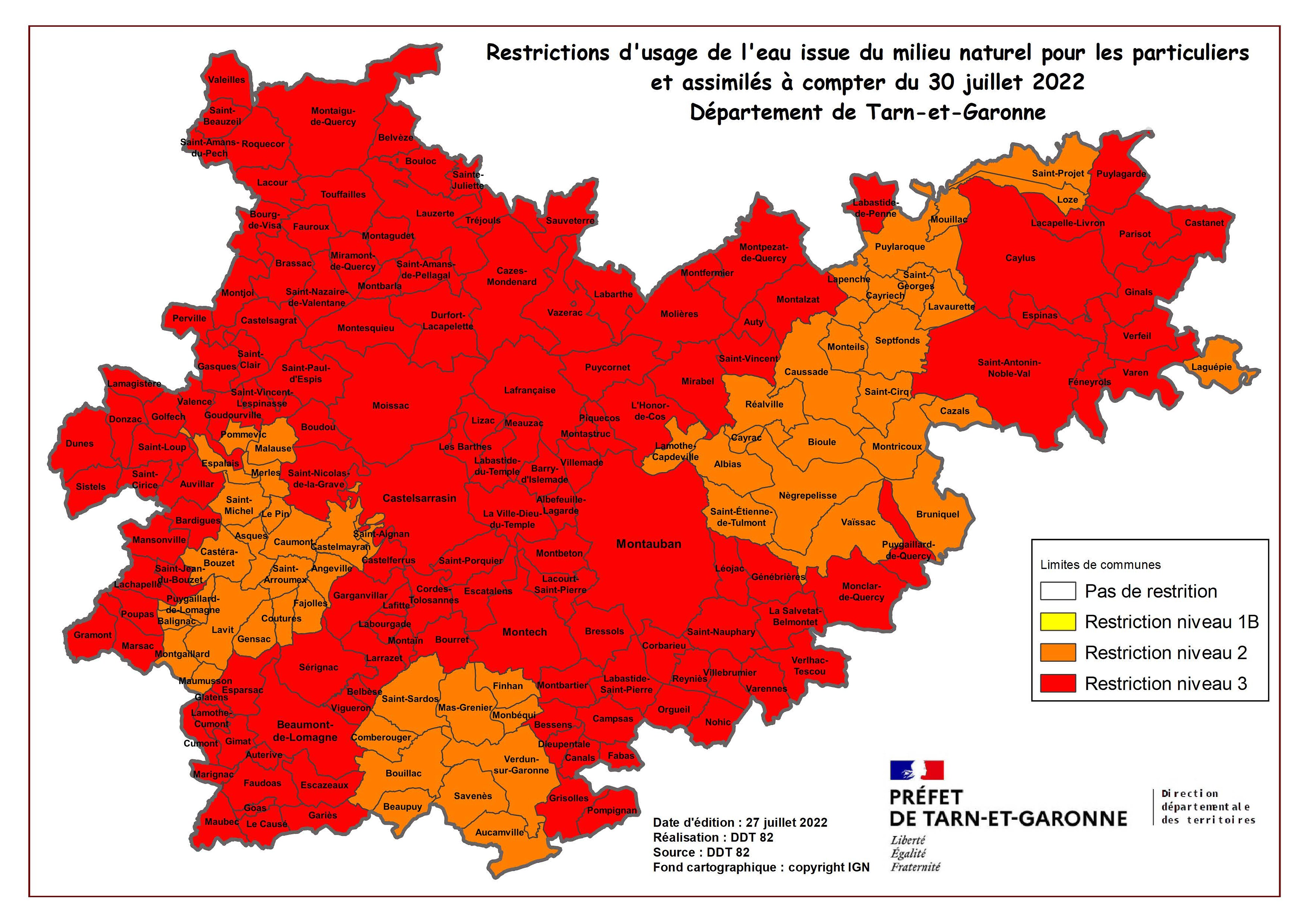 Plan des restriction d'usage de l'eau, Castelsarrasin est en niveau 3 (le plus élevé)