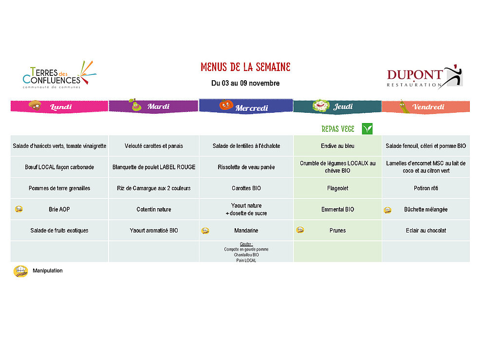 Menus scolaires du 3 au 9 novembre 2025