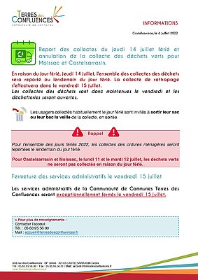 Report des collectes jeudi 14 juillet et fermeture des services de la communauté de communes vendredi 15 juillet