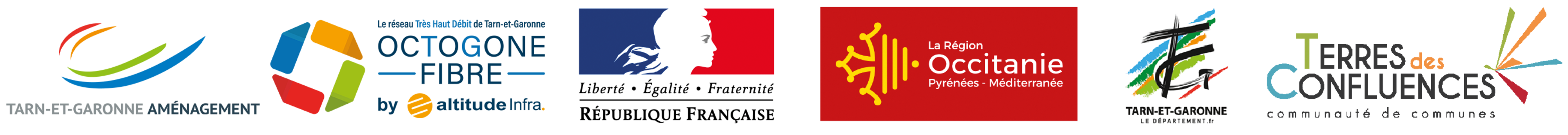 Logos : Tarn-et-Garonne aménagement, Octogone fibre, République Française, La Région Occitanie, le Conseil Départemental de Tarn-et-Garonne et la Communauté de communes Terres des Confluences