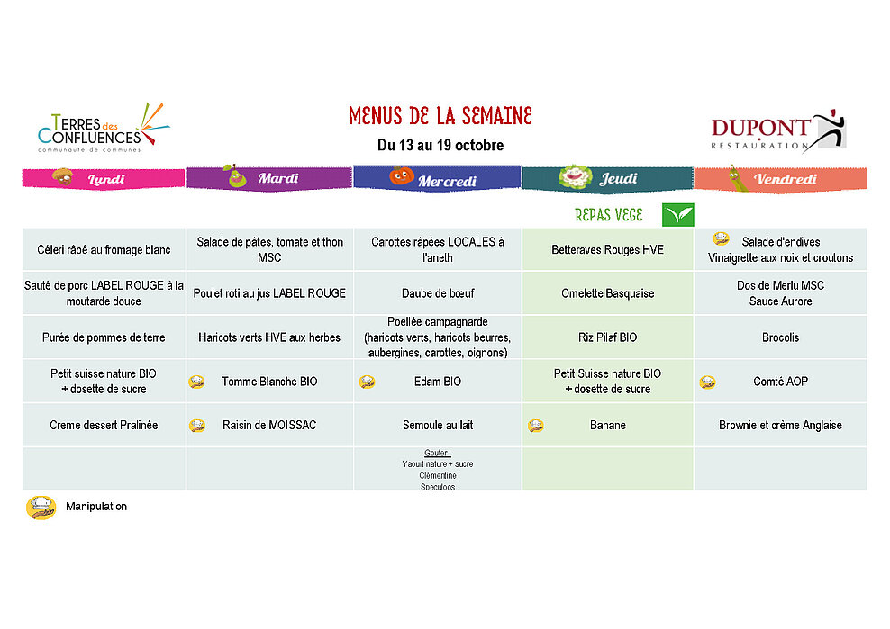 Menus scolaires du 13 au 19 octobre 2025
