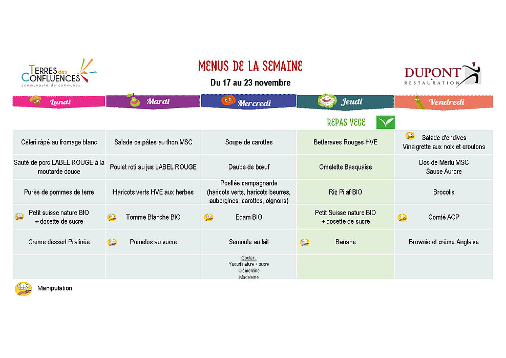 Menus scolaires du 17 au 23 novembre 2025