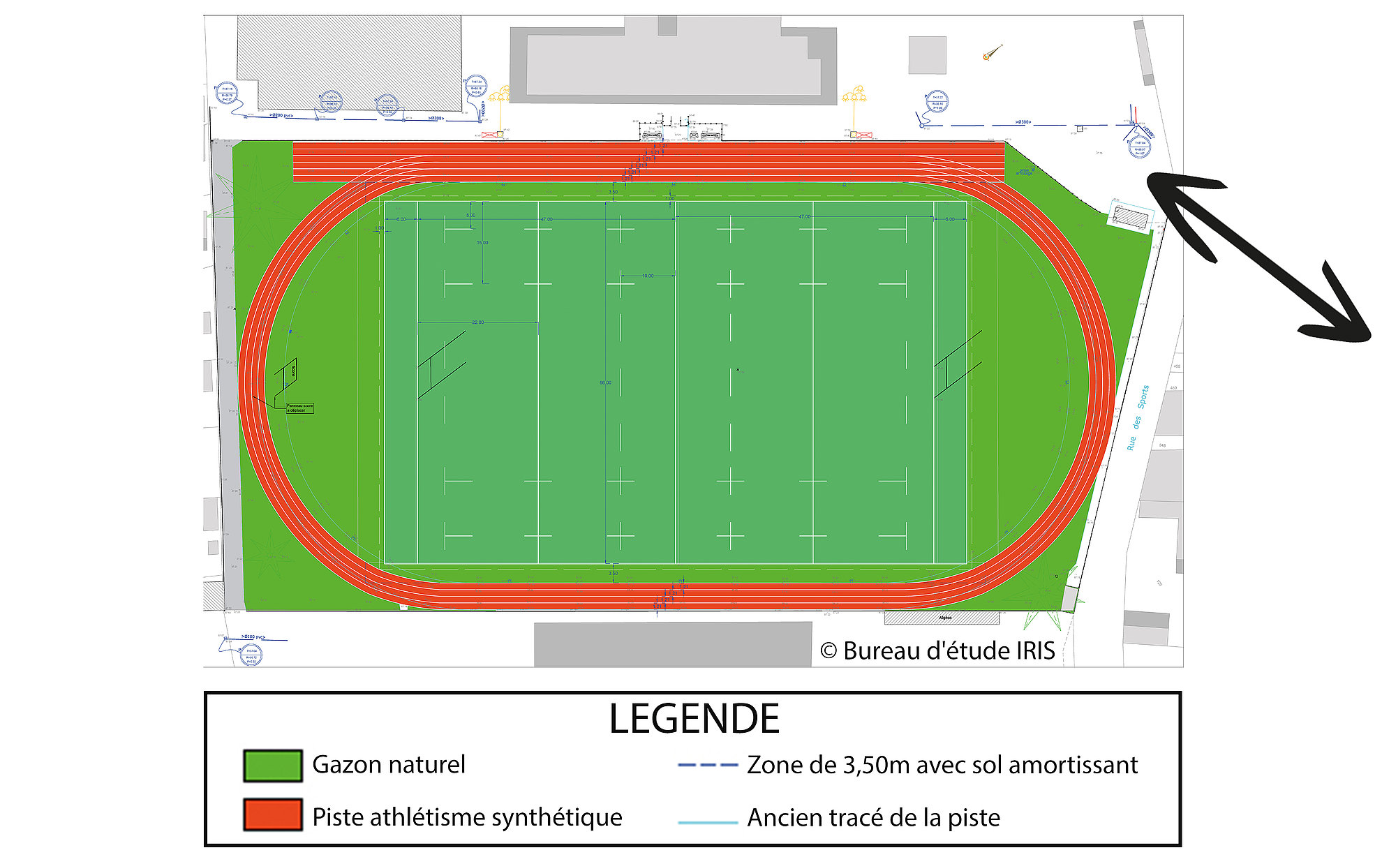 Le projet prévoit de redimensionner le terrain aux mesures réglementaires minimum imposées