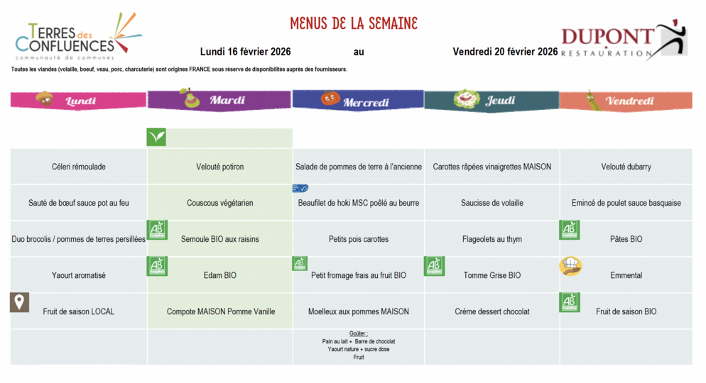 Menus scolaires du 16 au 20 février 2026
