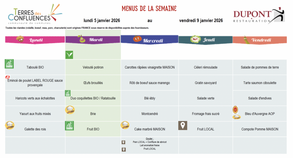 Menus scolaires du 5 au 9 janvier 2026