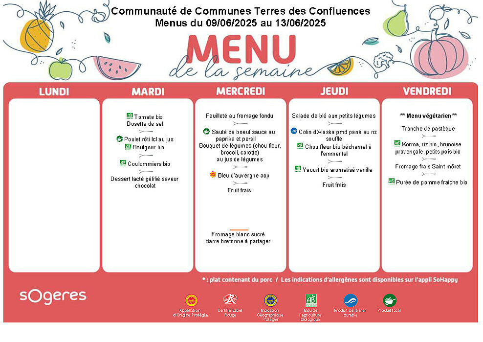 Menus maternelles et élémentaires du 9 au 13 juin 2025
