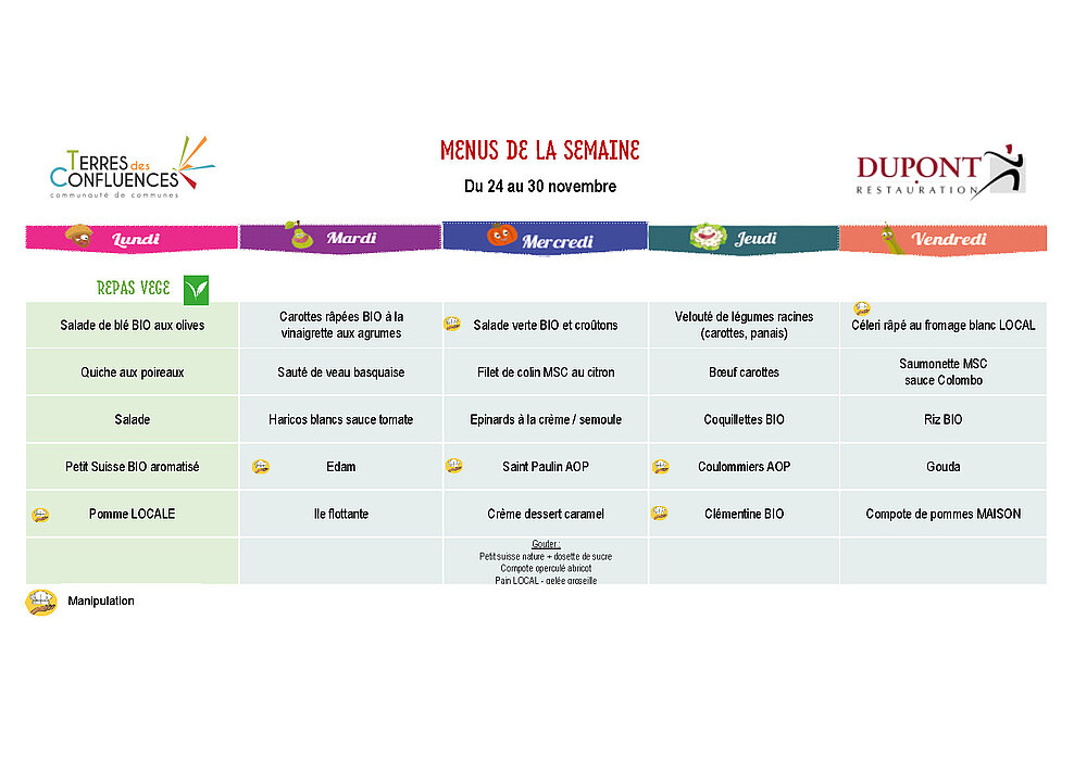 Menus scolaires du 24 au 30 novembre 2025