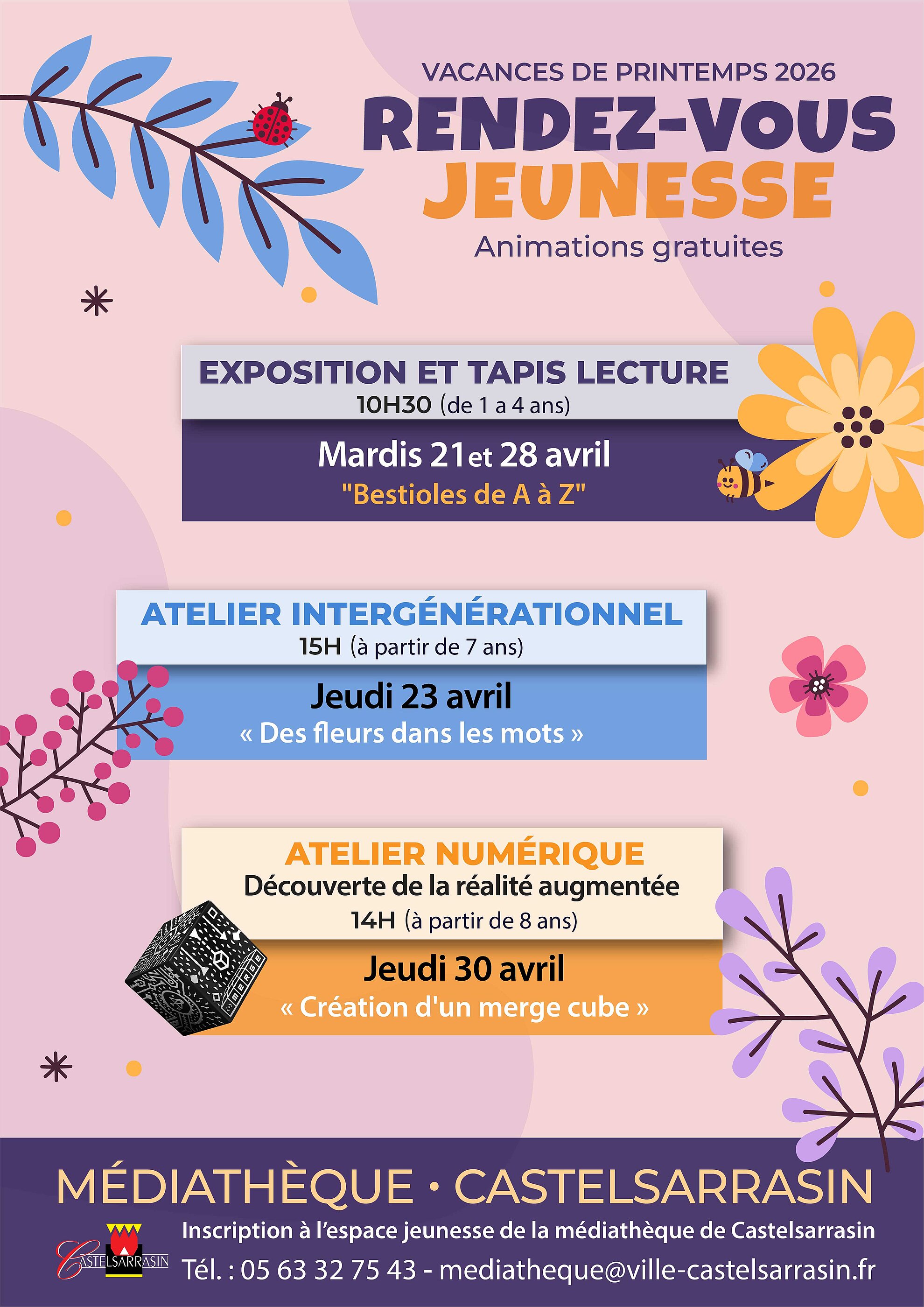 Affiche : Pour les vacances de printemps, la médiathèque a concocté un programme d'animations pour tous les âges du 21 au 30 avril2026 !