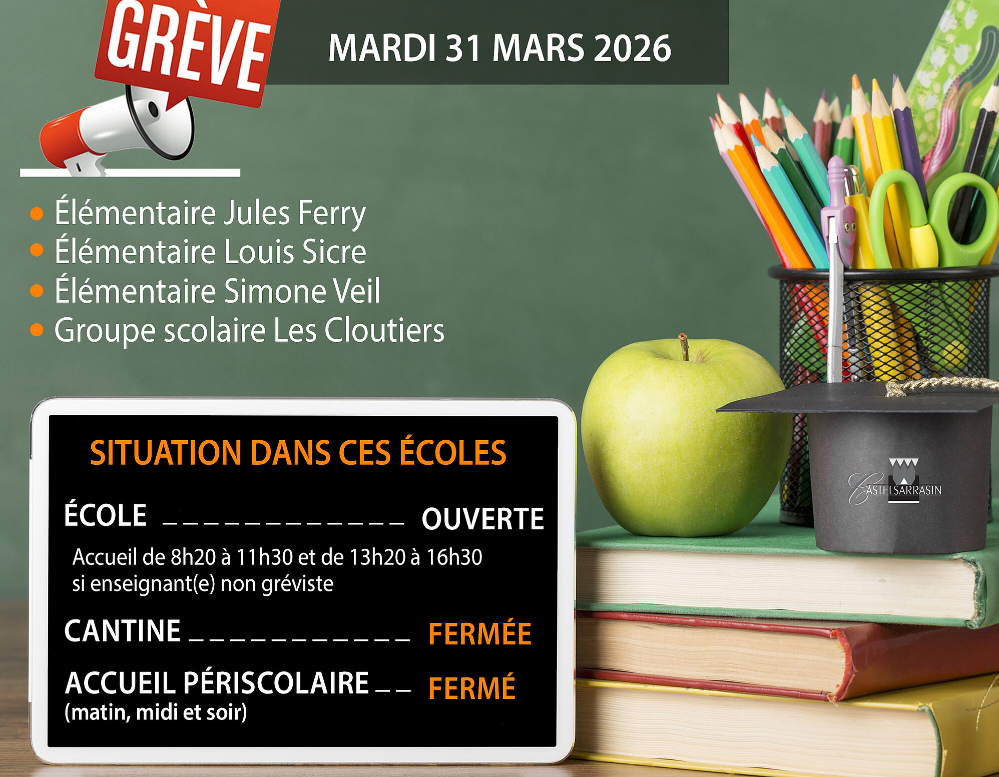 Grève dans les écoles le 31 mars 2026 - situation des écoles Grève dans les écoles le 31 mars 2026 - situation des écoles