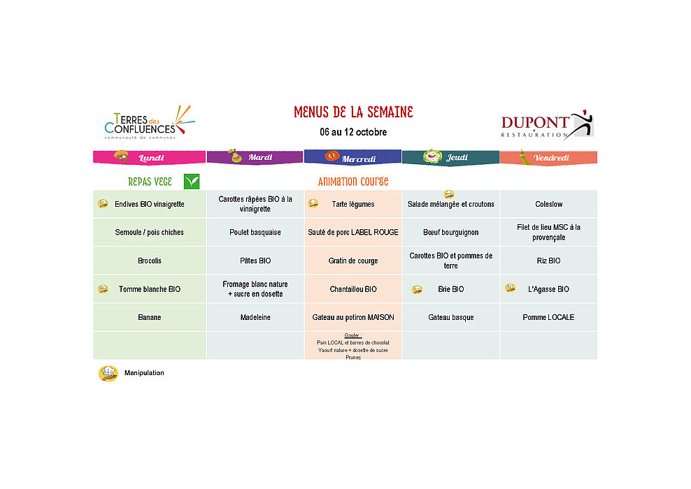 Menus scolaires du 6 au 12 octobre 2025