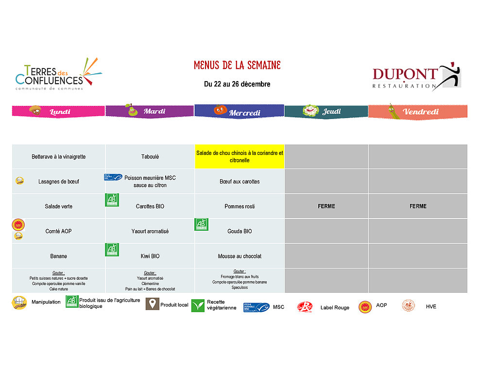 Menus scolaires du 22 au 26 décembre 2025