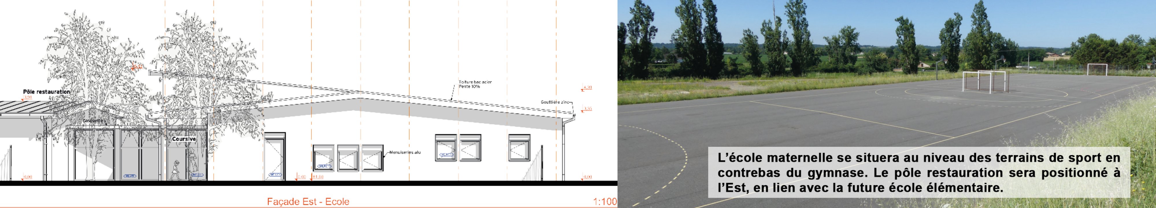 Plan de la façade est, l'école maternelle se situera au niveau des terrains de sport en contrebas du gymase, le pôle restauration sera positionné à l'est en lien avec la future école élémentaire Plan de la façade est, l'école maternelle se situera au niveau des terrains de sport en contrebas du gymase, le pôle restauration sera positionné à l'est en lien avec la future école élémentaire