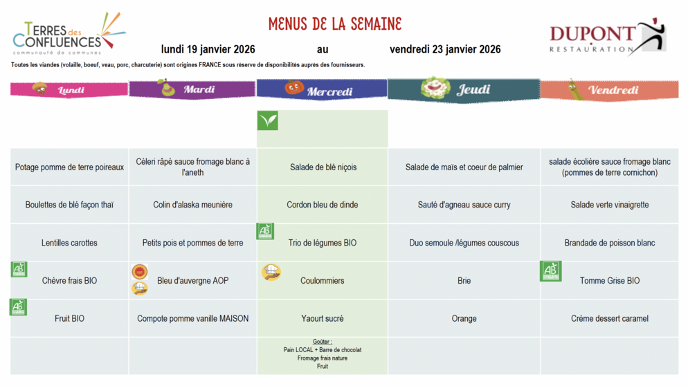Menus scolaires du 19 au 23 janvier 2026