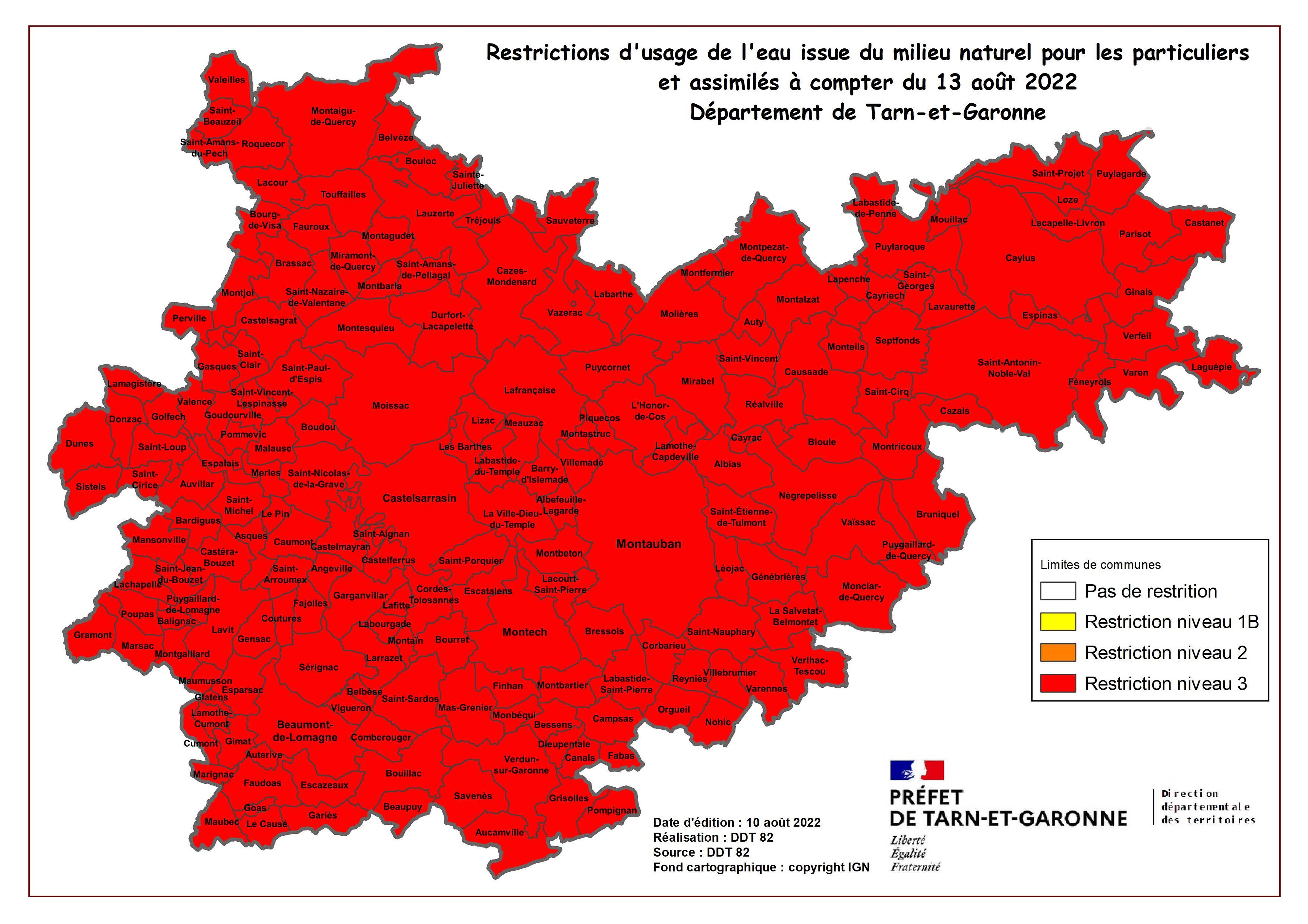 Plan des restriction d'usage de l'eau, tout le département est en niveau 3 (le plus élevé)