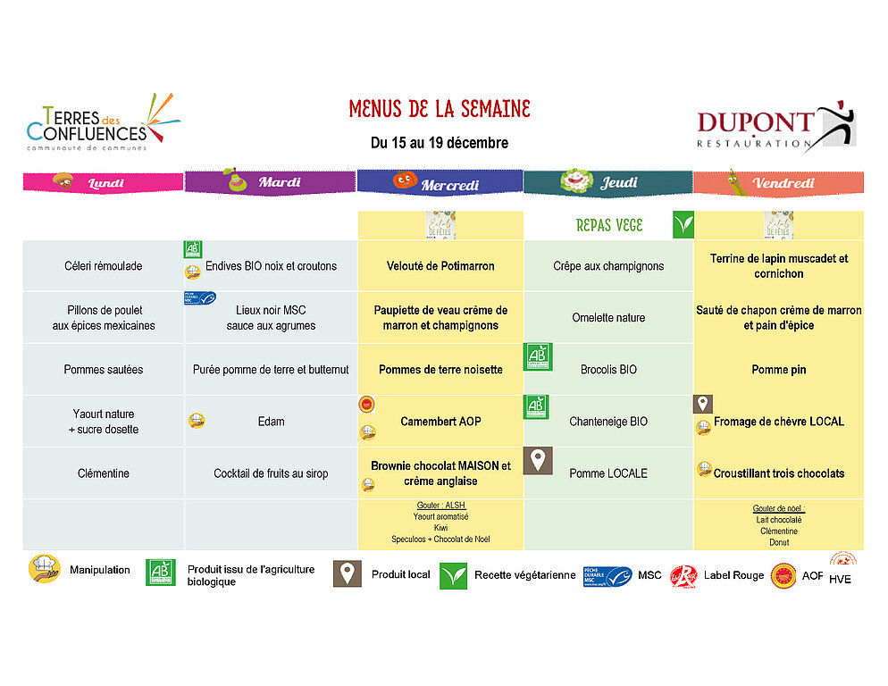 Menus scolaires du 15 au 19 décembre 2025