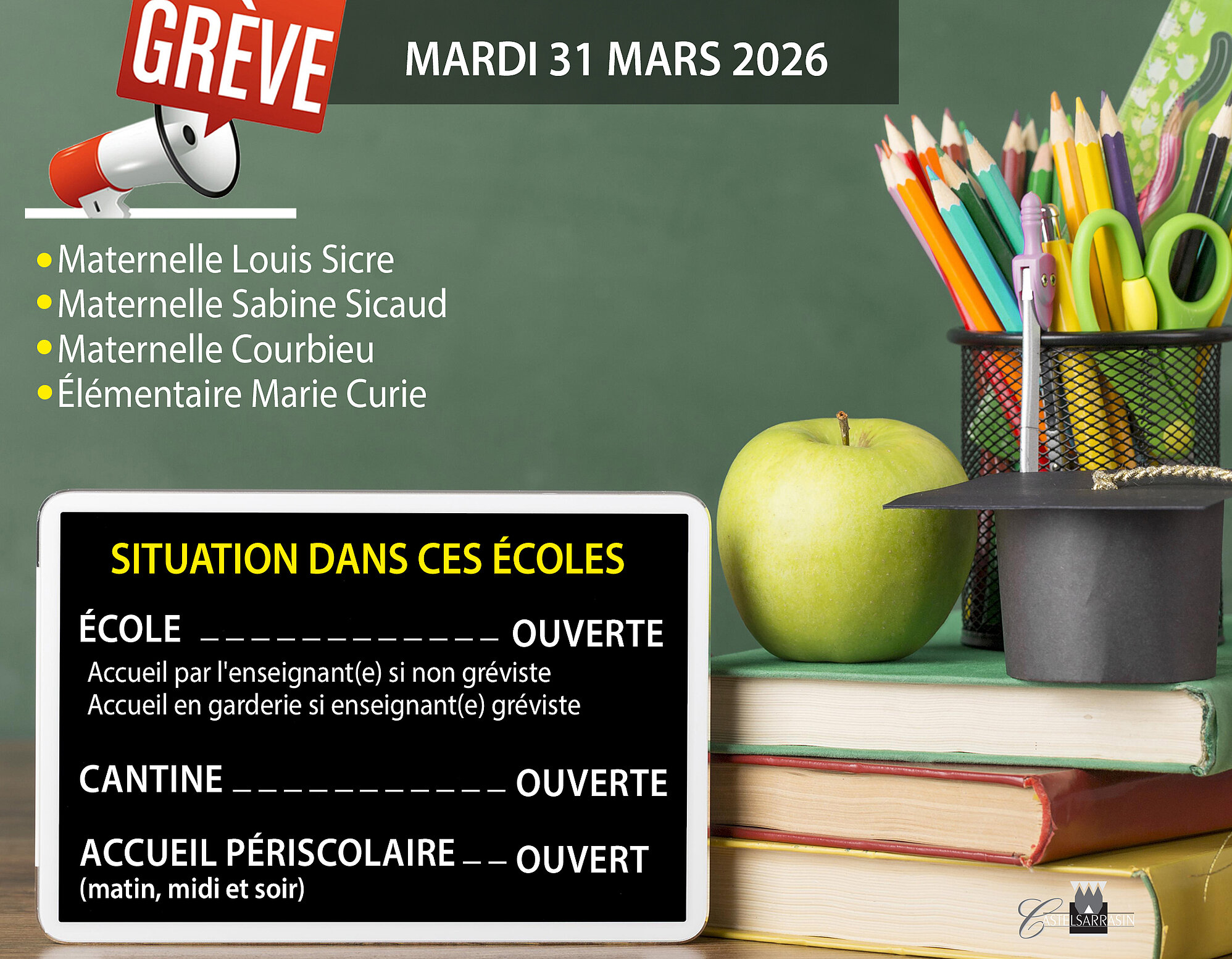 Grève dans les écoles le 31 mars 2026 - situation des écoles Grève dans les écoles le 31 mars 2026 - situation des écoles