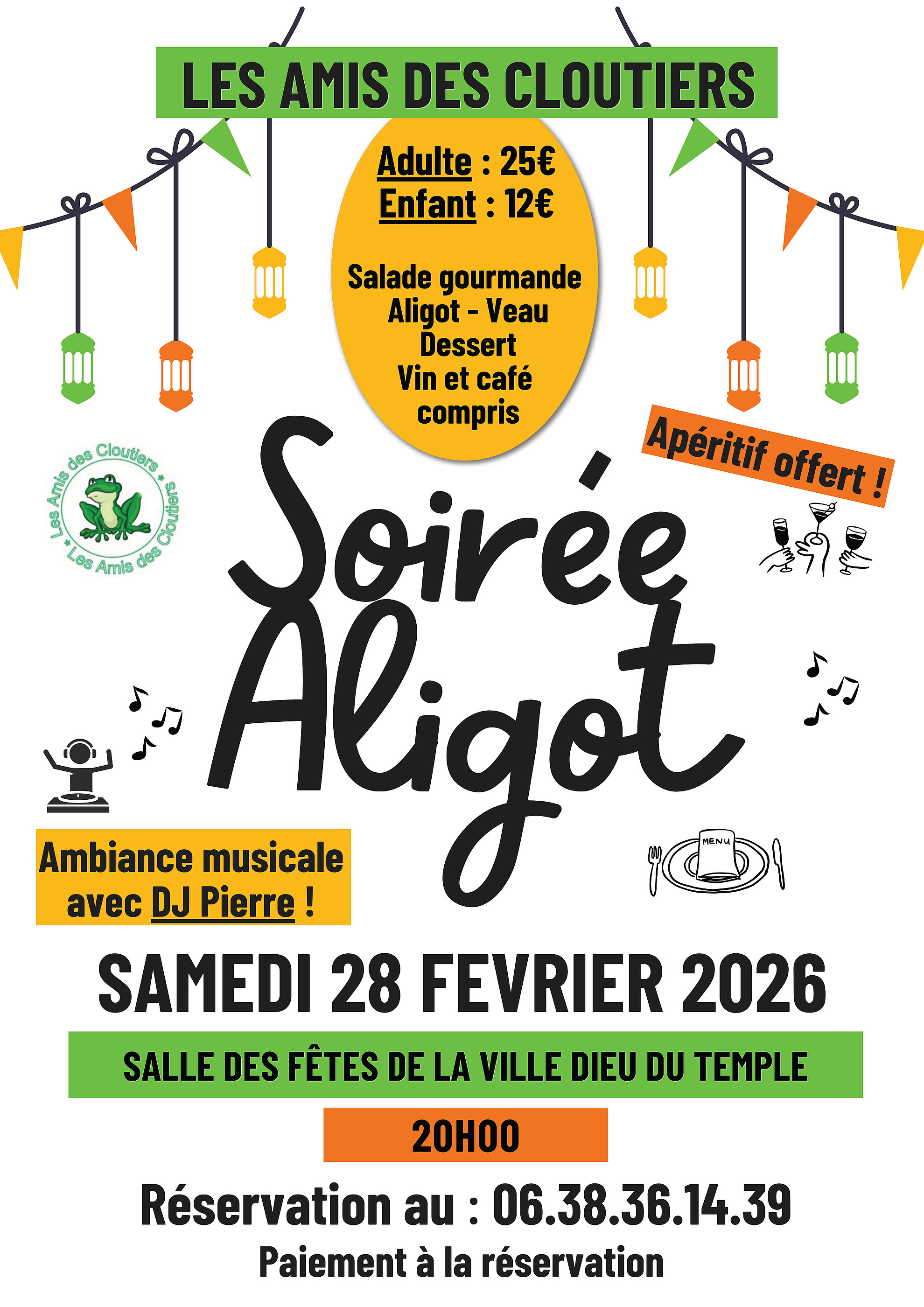 Soirée Aligot le samedi 28 février 2026 à 20h à la salle des fêtes de Lavilledieu du Temple. Organisée par l'association Les Amis des Cloutiers de Castelsarrasin