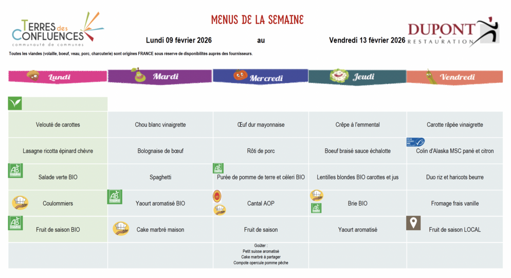 Menus scolaires du 9 au 13 février 2026