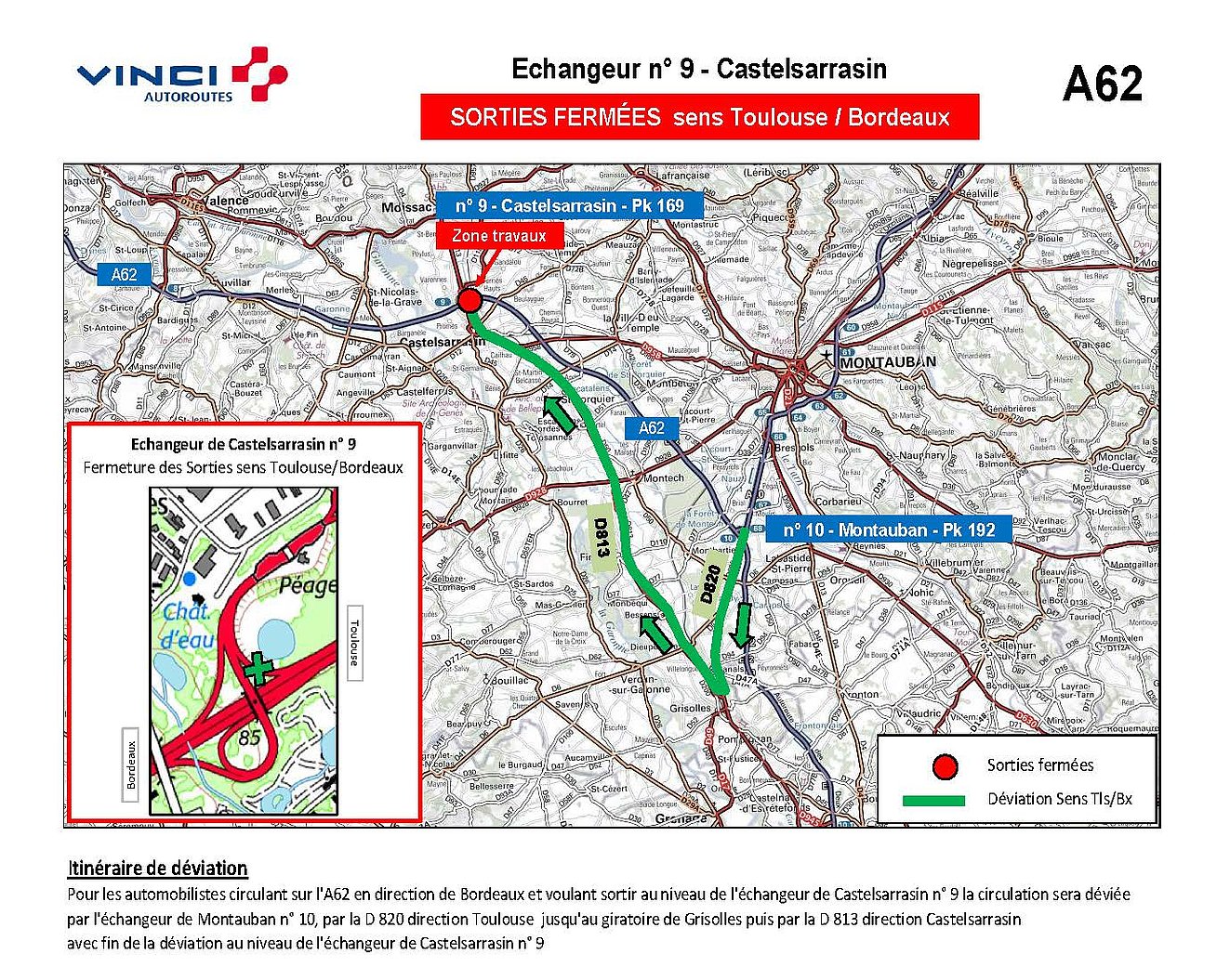 Plan de déviation pour les sorties sens Toulouse/Bordeaux au niveau de l'échangeur de Castelsarrasin