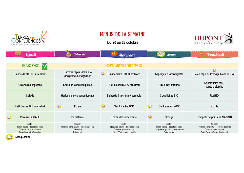 Menus scolaires du 20 au 26 octobre 2025