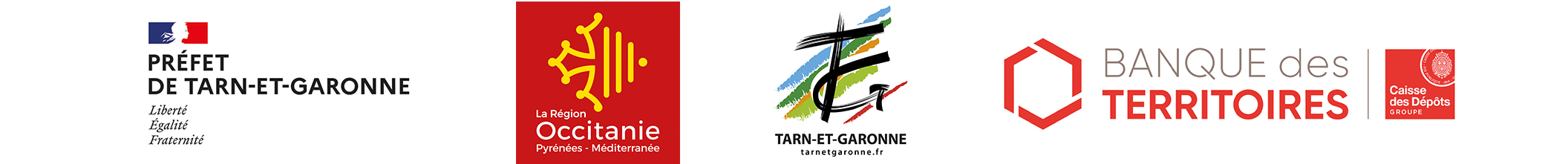 Logos des financeurs : Prefet de Tarn-et-Garonne / La Région Occitanie / Le Département du Tarn-et-Garonne / Banque des territoires Logos des financeurs : Prefet de Tarn-et-Garonne / La Région Occitanie / Le Département du Tarn-et-Garonne / Banque des territoires