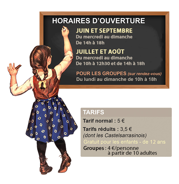 Ouvert en juillet et aout du mercredi au dimanche de 10h à 12h30 et de 14h à 18h Ouvert en juillet et aout du mercredi au dimanche de 10h à 12h30 et de 14h à 18h