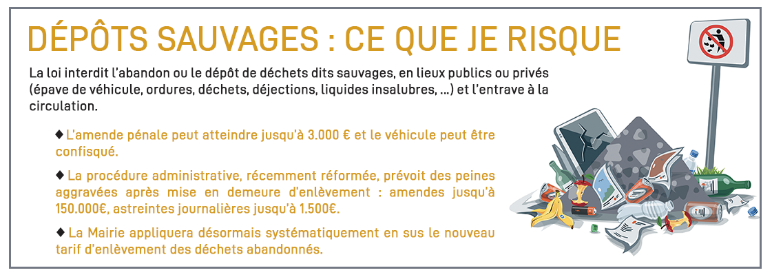 Dépots sauvages : ce que je risque. Jusqu'à 3000 euros d'amende pénale, possibilité d'une peine aggravée allant jusqu'à 150 000 euros d'amendes et jusqu'à 1500 euros d'astreintes journalières. La mairie appliquera systématiquement les tarifs d'enlèvement des déchets présentés plus bas 