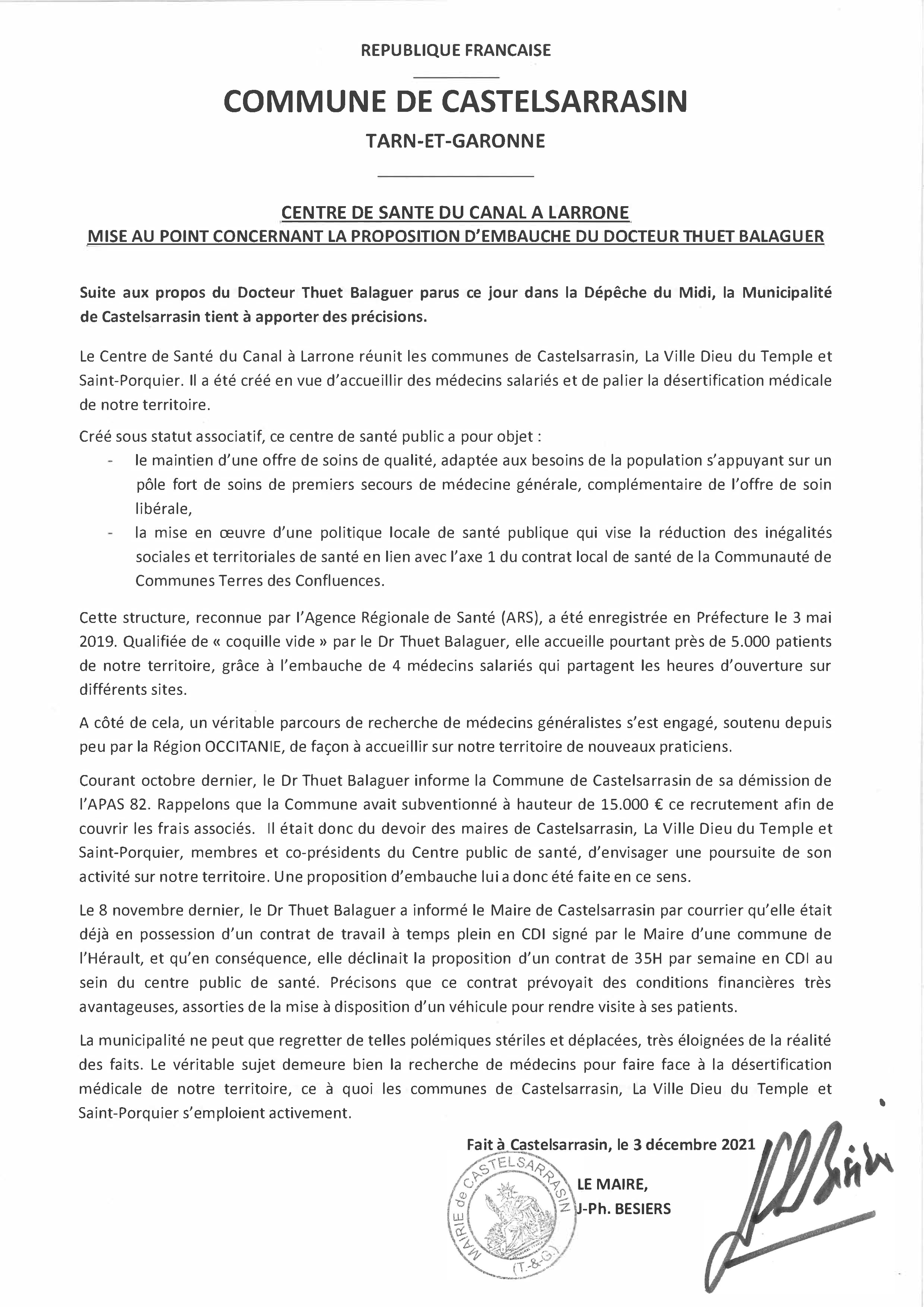 Communiqué de la ville de Castelsarrasin au sujet du centre de santé et de l'embauche du docteur Balaguer
