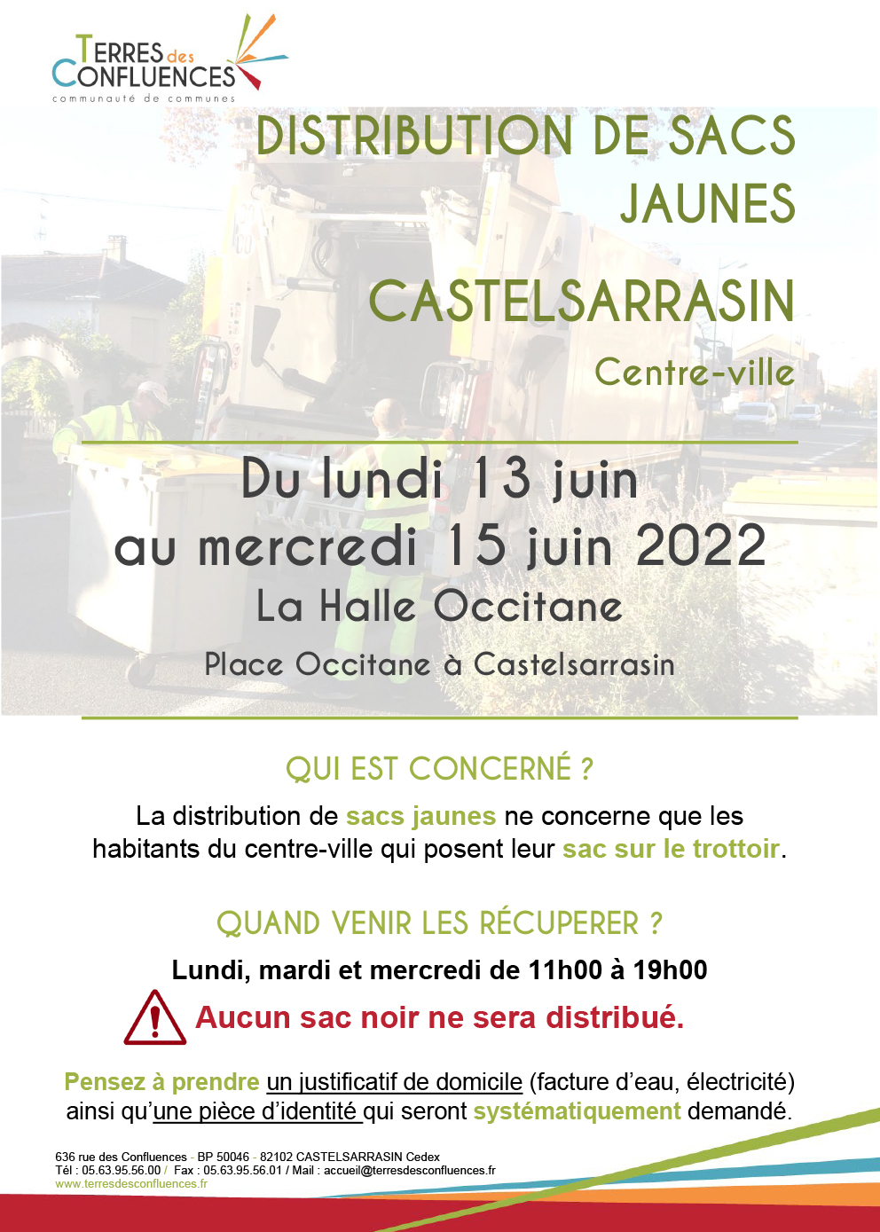Affiche pour la distribution des sacs jaunes aux habitants du centre-ville du 13 au 15 juin 2022, halle occitane
