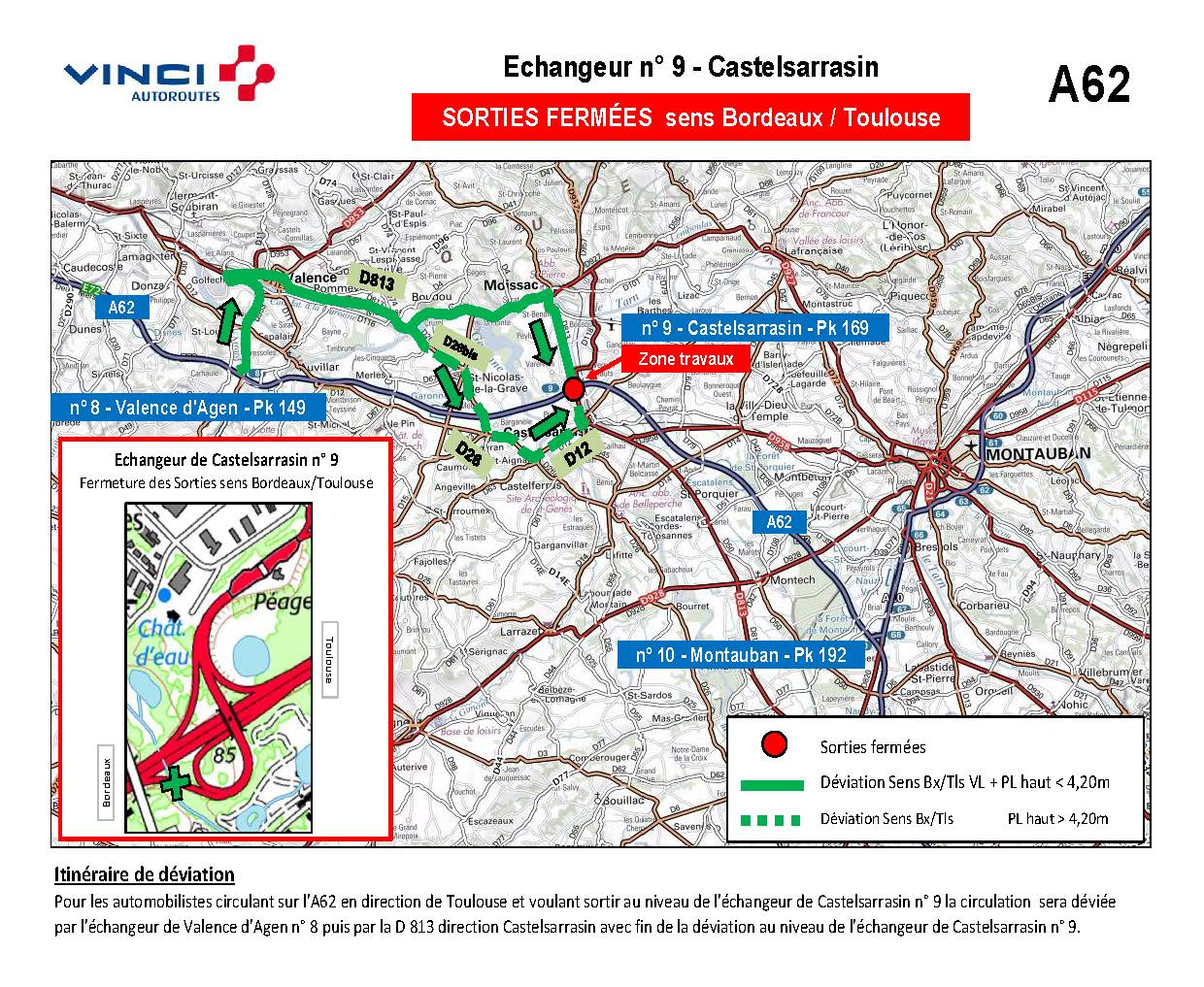 Plan de déviation pour les sorties sens Bordeaux/Toulouse au niveau de l'échangeur de Castelsarrasin