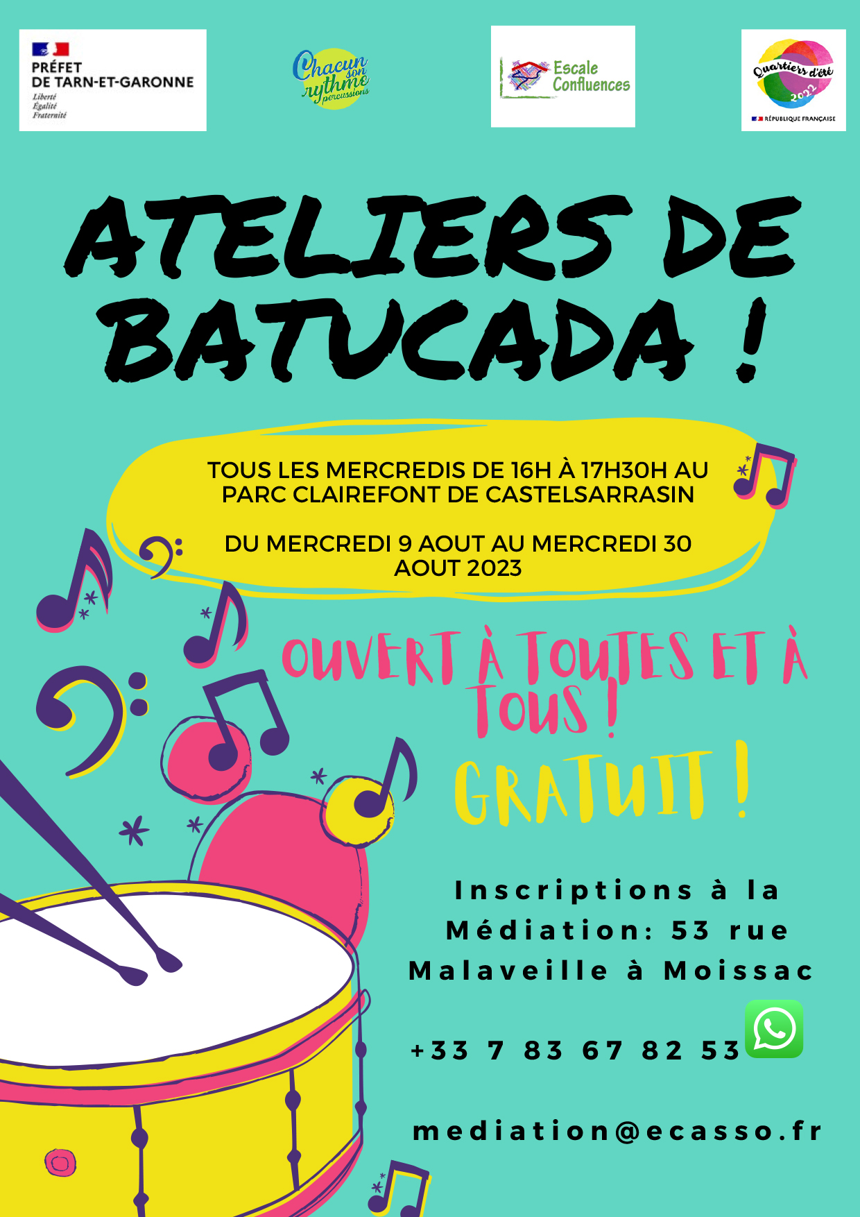 Ateliers de Batucada au parc de Clairefont le mercredi de 16h à 17h30
