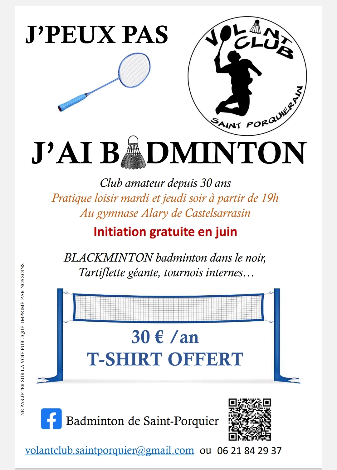 Badminton au gymnase du stade Alary. Initiation gratuite en juin les mardis et jeudis soir à partir de 19h